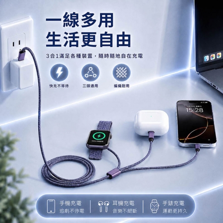 KooPin 台灣製造 65W 雙孔Type-C 車用充電器＋3合1多功能編織快充線（1.2M）