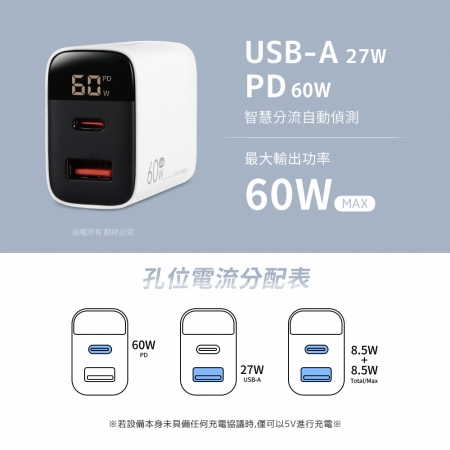 aibo GaN氮化鎵 60W數顯雙孔快充充電器（內附贈Type-C充電線）