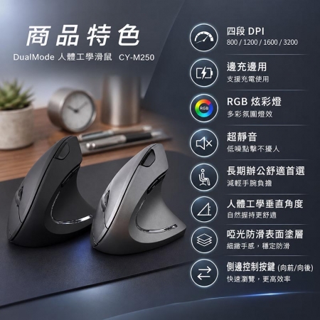 Songwin 人體工學無線滑鼠（右手專用/雙模連線/充電式） CY-M250